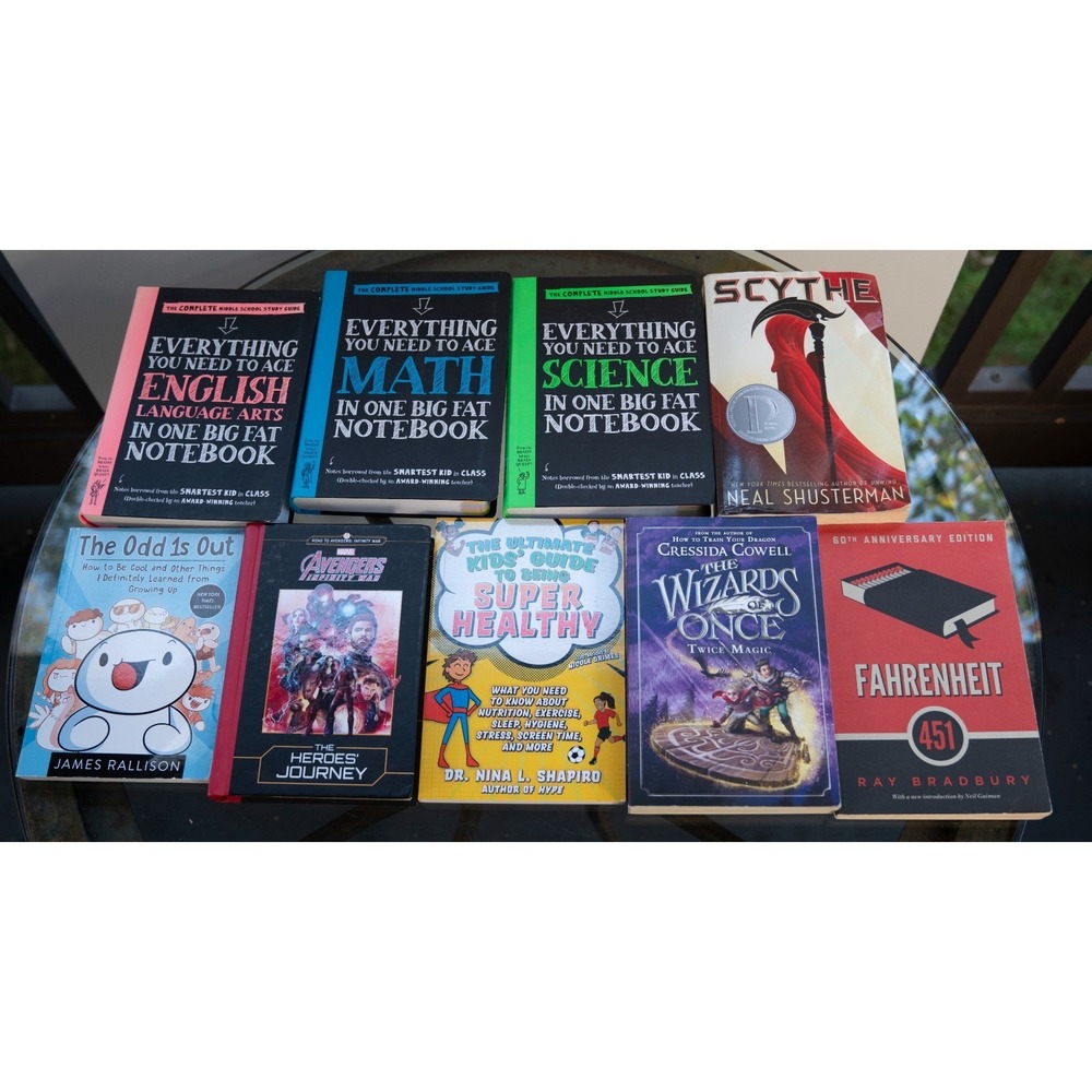 Mixed Young Adult Book Lot 9pc Fahrenheit 451 Scythe Big Fat Notebook Fair Mixed